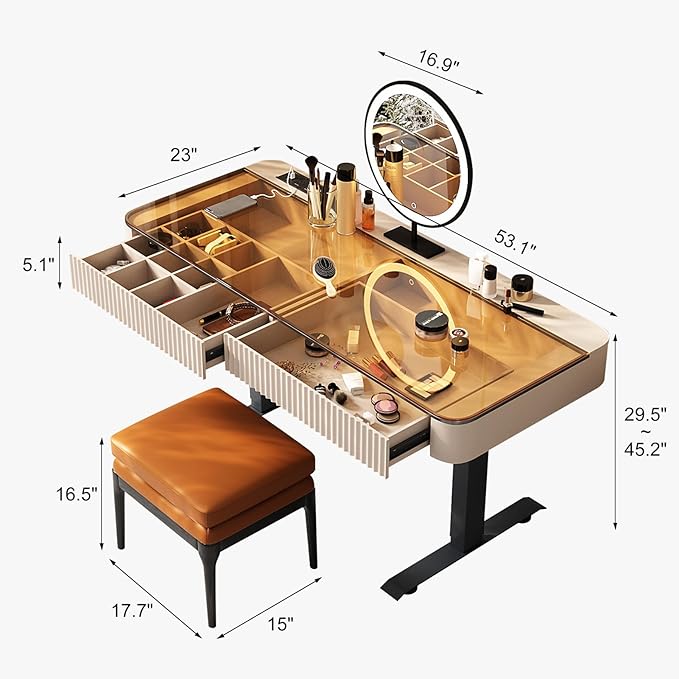 Lartis Vanity Table with Stool,Electric Lift Vanity Desk,Vanity Set，Up and Down Desk, Standing Vanity with Drawer