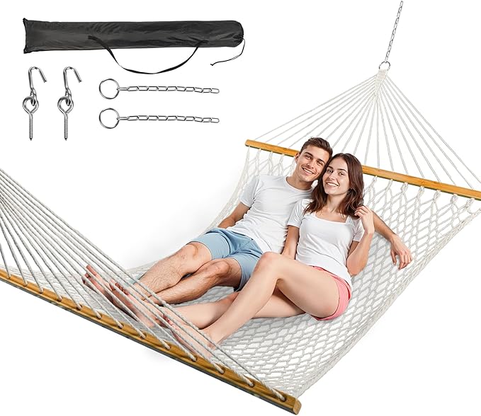 Double Hammock for 2 Person, Handwoven Cotton Rope Hammock with Spreader Bar Without Stand - Indoor & Outdoor Use for Patio, Poolside, Backyard (White)