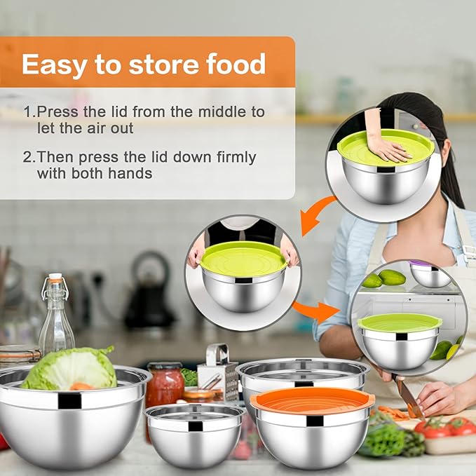 E-far Stainless Steel Mixing Bowls with Lids, 7-Piece Metal Nesting Bowls with Colorful Airtight Lids for Saving Storage Space, Size 7, 4.6, 3, 2, 1.5, 1, 0.7QT, Great for Baking/Cooking/Prepping