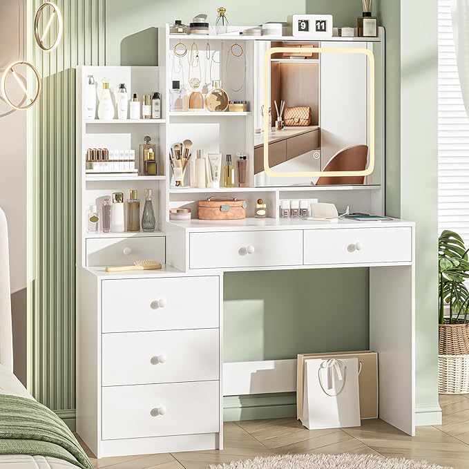 Vabches Makeup Vanity with LED Lights Mirror and Charging Station, Vanity Desk with Multiple Shelves and Drawers, Dressing Desk with 3 LED Light Models for Bedroom, White