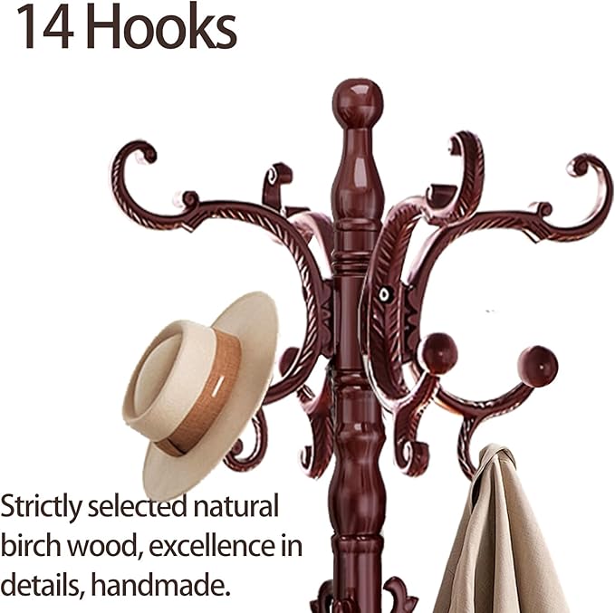 Coat Rack Freestanding, Wooden Coat Tree with Stable Round Base, Vintage Heavy Duty Coat Rack Stand with 14 Hooks, Coat Hanger Stand for Bedroom, Office, Entryway (Mahogany)