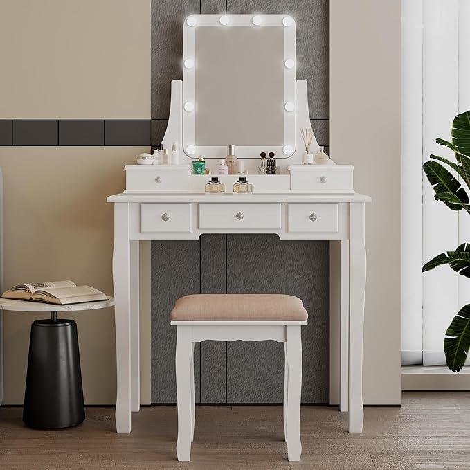 Make Vanity Desk with Lights and Mirror Makeup Vanity with Lights Bench Set Vanity Table with Lights with Drawers Vanity Mirror with Lights Desk and Chair