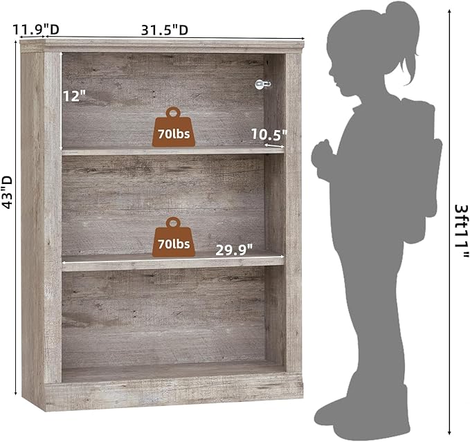 43" Grey Tall Bookshelf,3-Tier Thick Wooden Book Shelf with Adjustable Shelves,Free Standing Farmhouse Bookcase with Open Display Storage,Floor Vintage Bookshelves for Living Room,Office