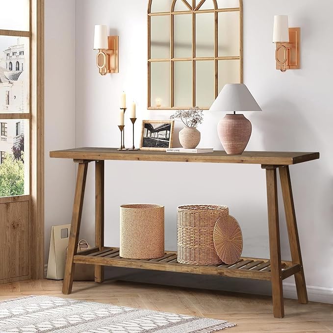 Reclaimed Solid Wood Console Table, 59" Long Farmhouse Entryway Tables, Rectangular Couch Table Behind Sofa, 2 Tiers Accent Tables for Hallway, Entrance, Foyer, Living Room