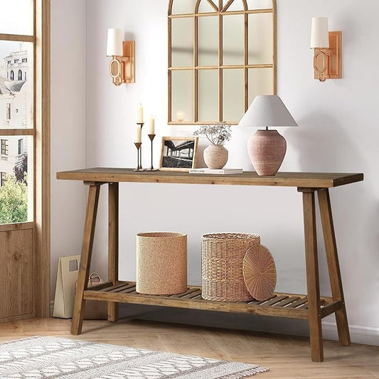 Reclaimed Solid Wood Console Table, 59" Long Farmhouse Entryway Tables, Rectangular Couch Table Behind Sofa, 2 Tiers Accent Tables for Hallway, Entrance, Foyer, Living Room