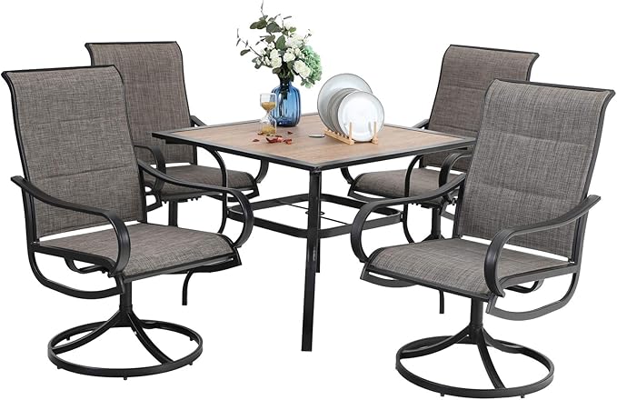 PHI VILLA 5 PCS Patio Dining Set with 4 Padded Outdoor Swivel Dining Chairs and 37"x 37" Premium PVC Table Top Dining Table(1.57" Umbrella Hole), Outdoor Dining Table & Chair Set for Deck Lawn Garden