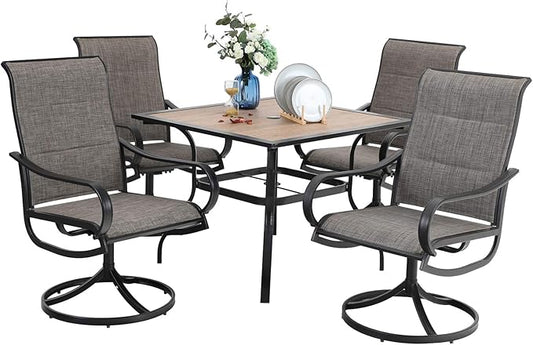 PHI VILLA 5 PCS Patio Dining Set with 4 Padded Outdoor Swivel Dining Chairs and 37"x 37" Premium PVC Table Top Dining Table(1.57" Umbrella Hole), Outdoor Dining Table & Chair Set for Deck Lawn Garden