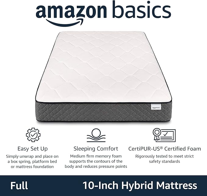 Amazon Basics Memory Foam Mattress, Full Size Mattress, Hybrid, 10 Inch, Medium Feel, Motion Isolation Springs, White/Gray