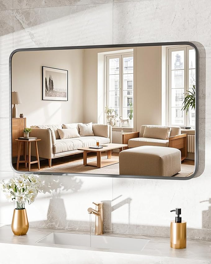 Bathroom Mirror 24" X 36" Wall Mount Dresser Metal Frame Rounded Rectangular Mirror Over Sink Vanity Can Be Hung Horizontally Or Vertically for Bedroom, Entryway, Living Room,Black
