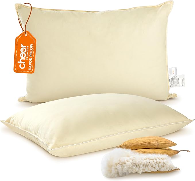 Cheer Collection Set of 2 Organic Kapok Bed Pillows, Natural Kapok Fiber Filled Sleeping Pillows with Breathable Cotton Shell, Standard Size, 20 x 28 inches