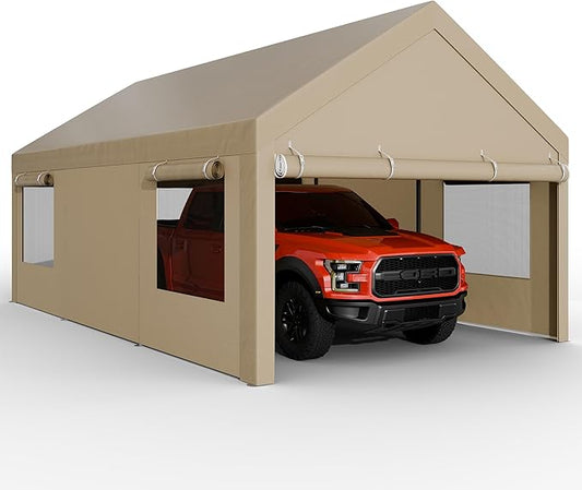 JAMFLY Carport, 12x20 ft Heavy Duty Carport with Roll-up Windows, Portable Garage with Removable Sidewalls & Doors, Car Canopy with Sandbags and All-Season Tarp for Car Boat Truck Motorcycle, Khaki