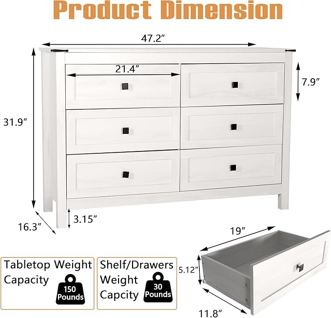 Farmhouse 6 Drawer Dresser & 2 Nightstand Set for Bedroom, Wood Dresser with Metal Handle for Bed Room, Light Beige Rustic Oak