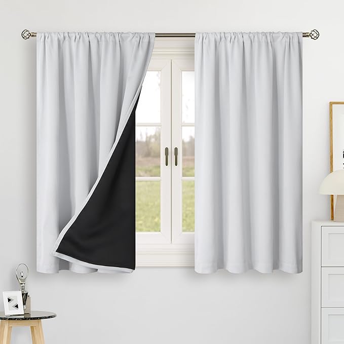 BGment Greyish White 100% Blackout 48 Inch Curtains for Small Window, Rod Pocket and Back Tab Double Layer Black Out Thermal Insulated Room Darkening Curtain for Kitchen, 2 Panels, Each 42 x 48 Inch