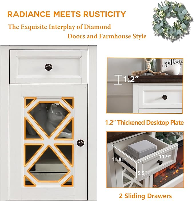 Farmhouse Fireplace TV Stand with 36" Electric Fireplace for 80 Inch TVs, 31" Tall Entertainment Center w/Drawer & Diamond Panel Door, Highboy Media Console for Living Room, 70inch, White