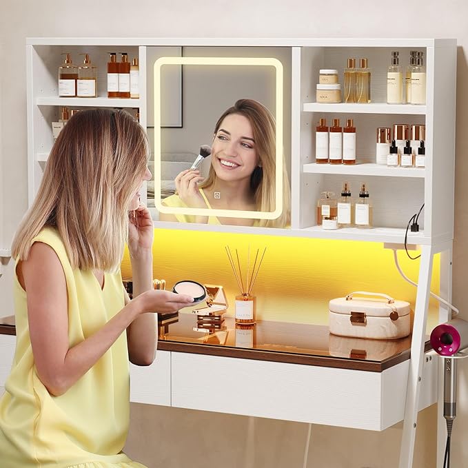 Vanity Desk with Mirror and Lights, 47inch Makeup Table with 3 Color Modes, Large Vanity Desk with Power Outlet, Light Strip, 2 Drawers, 8 Shelves, Cushioned Stool for Bedroom, White