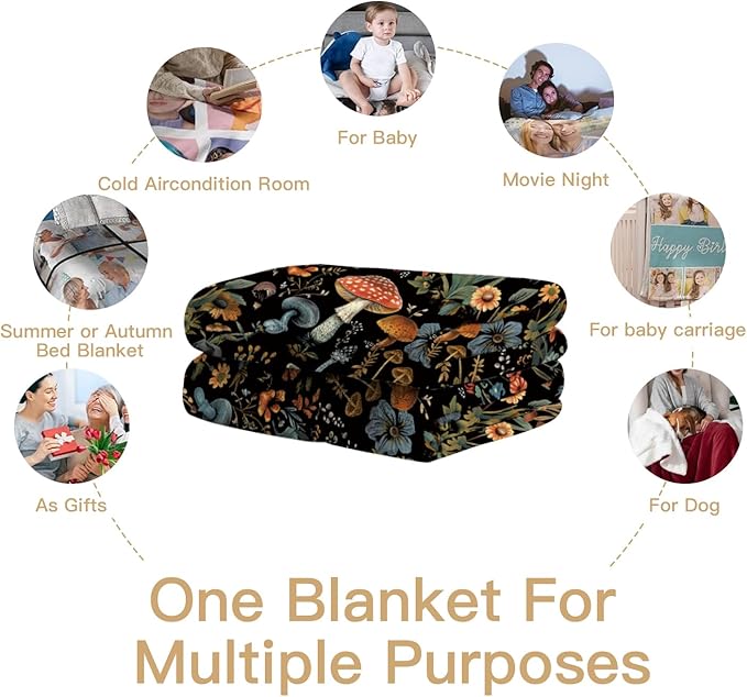 Mushroom Throw Blanket, Cute Fluffy Cozy Blanket for Couch or Bed, Soft Small Blanket Gift for Women, Kids, Black 40x50 inches