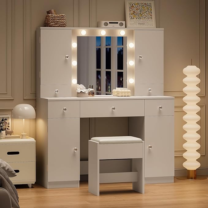 wanan White Vanity with Jewelry Storage, Big Makeup Vanity Desk with Mirror and Lights, 5 Drawers and 4 Cabinets, 45.3'' Large Vanity Set for Bedroom