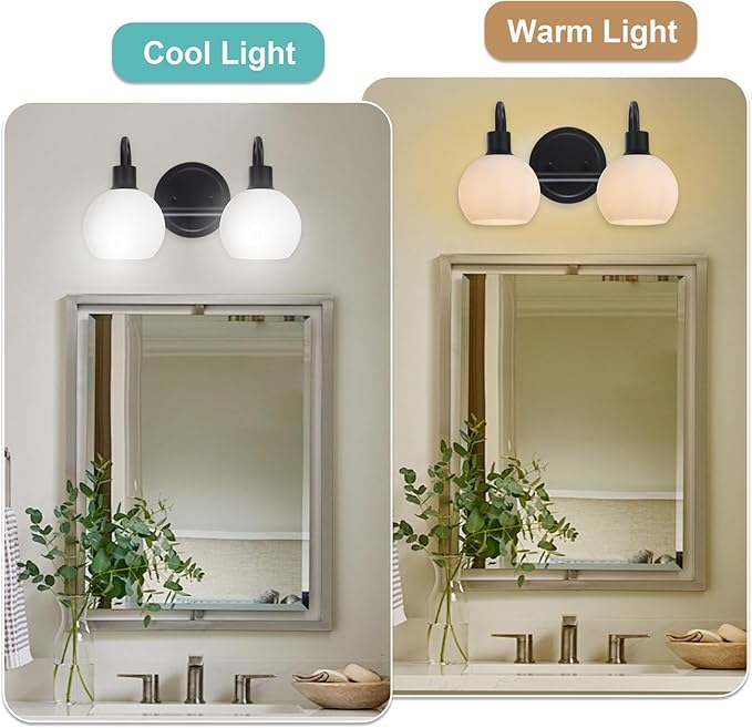 2-Light Black Bathroom Light Fixture, Milk White Globe Wall Sconce Lamp for Hallway Bedroom Foyer Cabinets, Modern Vanity Lights E26 Socket