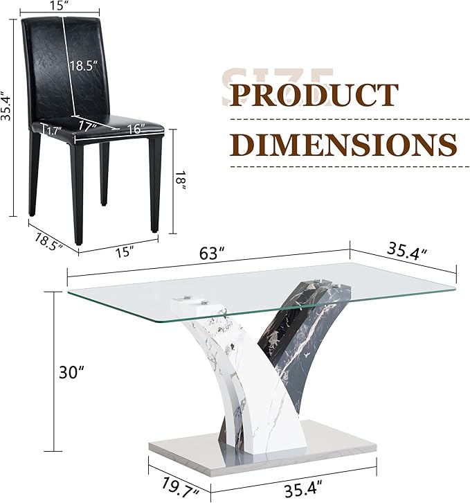 Glass Dining Table Set for 6, 63” Kitchen Table Set for 6, Modern Dining Room Table Set with Upholstered Chairs, Tempered Glass Tabletop with Y Shape Base