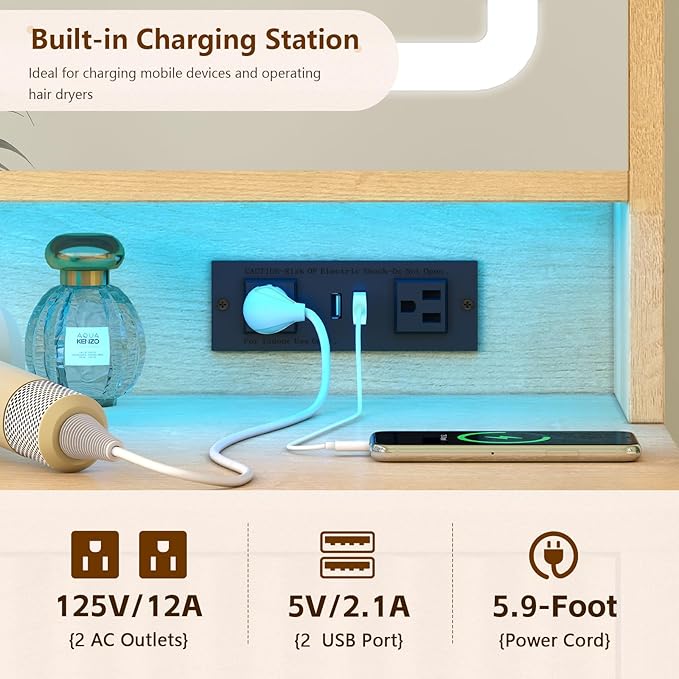 Fluted Vanity Desk with 46" Large Mirror and Lights, Big Vanity Table with Charging Station & RGB Lights, Makeup Vanity Mirror with Light Desk and 8 Drawers, Bedroom Vanity Dressing Table for Women