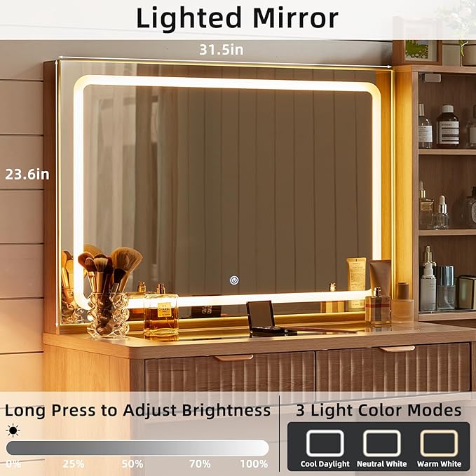 LEYAOYAO Vanity Desk with Mirror and Lights with Stool, 43.5'' Fluted Makeup Vanity with 6 Drawers and Adjustable Shelves,Wood Make Up Vanity Set with Glass Top and Power Outlet for Bedroom