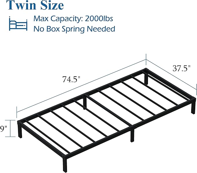 9 Inch Twin Bed Frames Heavy Duty Low Profile Metal Platform No Box Spring Needed Mattress Foundation, Easy to Assembly, Noise Free, Black