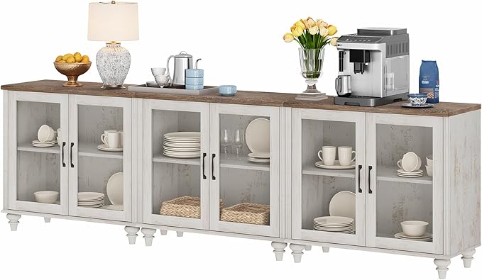 WAMPAT Farmhouse TV Stand for 100 Inch TV, Glass Wooden Universal TV Stand with 3 Storage Cabinets, Entertainment Center for 75/80/85/90 Inch TV, Console Table for Living Room, Bedroom, Rustic White