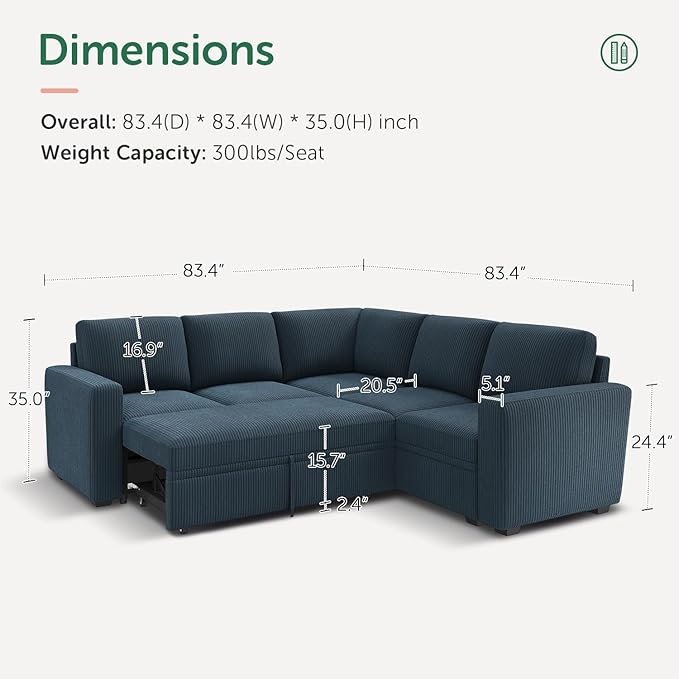 HONBAY Modular Sectional Sleeper Couch with Pull Out Bed, Corduroy L Shaped Sofa with Storage, Convertible Sectional Couches for Living Room, Blue