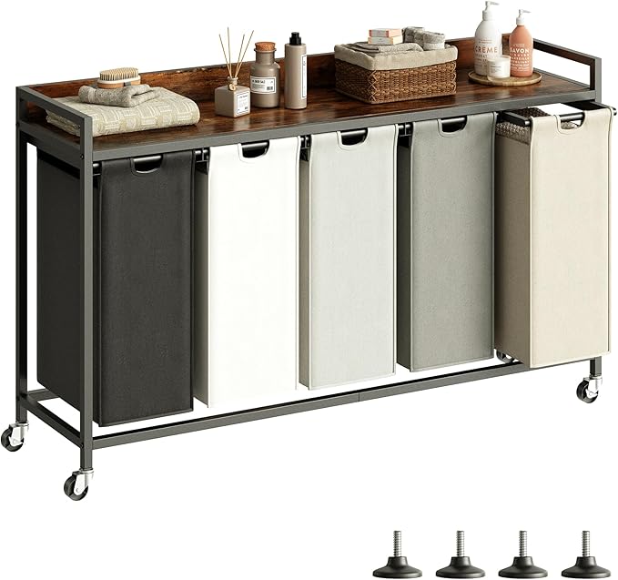 Laundry Hamper with Shelf, Laundry Basket 5 Section, Laundry Sorter with Pull-Out Removable Large 5 Color Bags and Movable Wheels, Metal Frame, 5 x 15.87 Gallons (60L), Rustic Brown PF08XLN