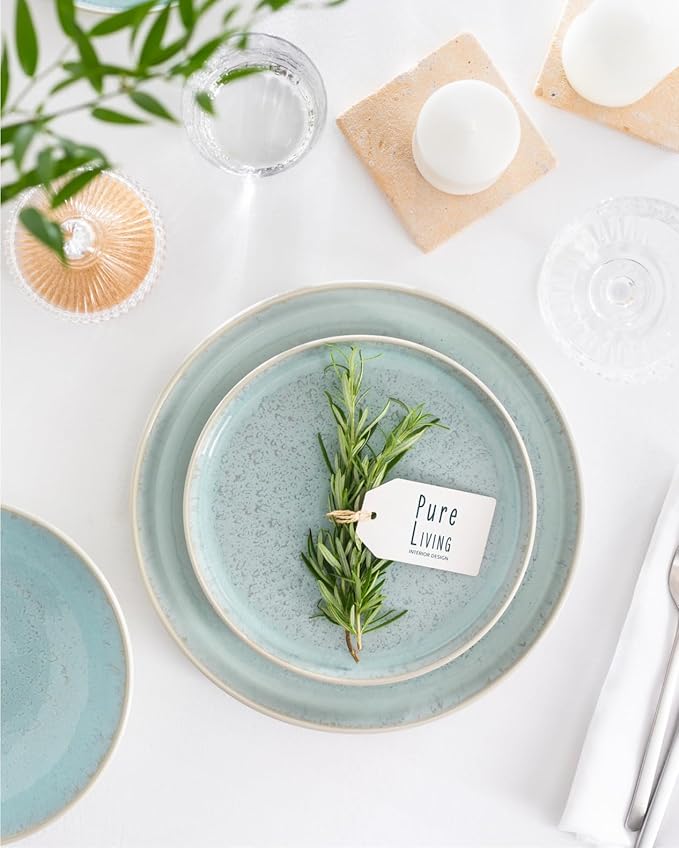 12 Piece Dinnerware Sets for 4 - Modern Style Stoneware Dinnerware Set - Scratch Resistant, Dishwasher, Microwave Safe Plates and Bowls Sets Ceramic, Bowl and Plate Set - Beige and Light Blue…