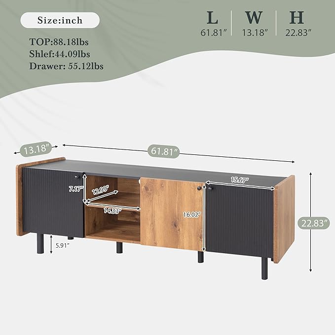 TV Stand for TVs up to 70 Inch TV, Mid Century Modern Entertainment Center with Storage Cabinets and Open Shelf, Media Console with Fluted Panel for Living Room