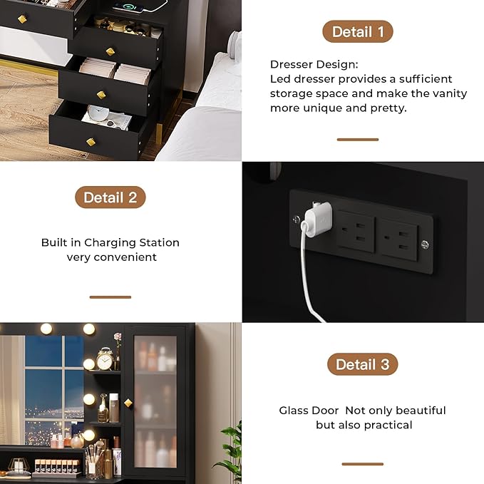Tiptiper Large Makeup Vanity with Lights, Vanity Table with Charging Station Vanity Desk with Mirror and 10 LED Light Bulbs, Makeup Table with 5 Drawers, Nightstand and Storage Shelves, Black & Gold