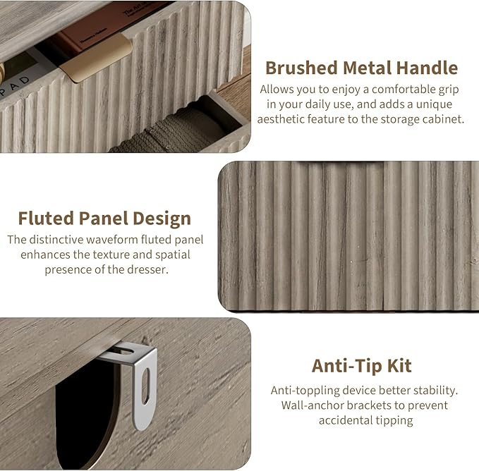 QUW Fluted Dresser for Bedroom with 6 Drawers, 47.2" Wide Modern Chest of Drawers with Metal Handle, Wooden Dresser TV Stand and Closet Clothes Storage Organizer for Living Room, Hallway, Grey