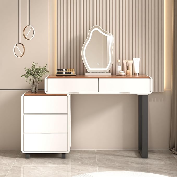 Vanity Desk with Mirror and LED Lights| Small Makeup Table with 5 Drawers and Adjustable Storage Cabinet| Modern Space-Saving Dressing Table for Bedroom(Walnut Top with White Base)