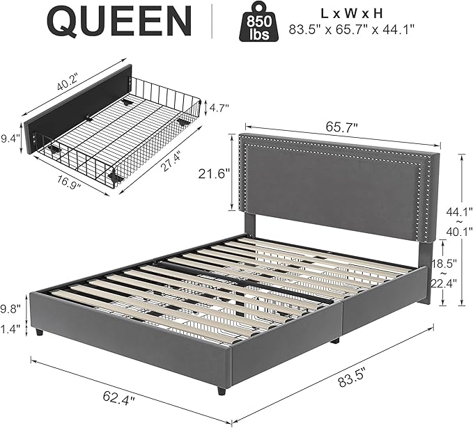 VECELO Queen Size Upholstered Platform Bed Frame with 4 Storage Drawers, Adjustable Velvet Rivet Decor Headboard, Wooden Slats Support, No Box Spring Needed, Easy Assembly