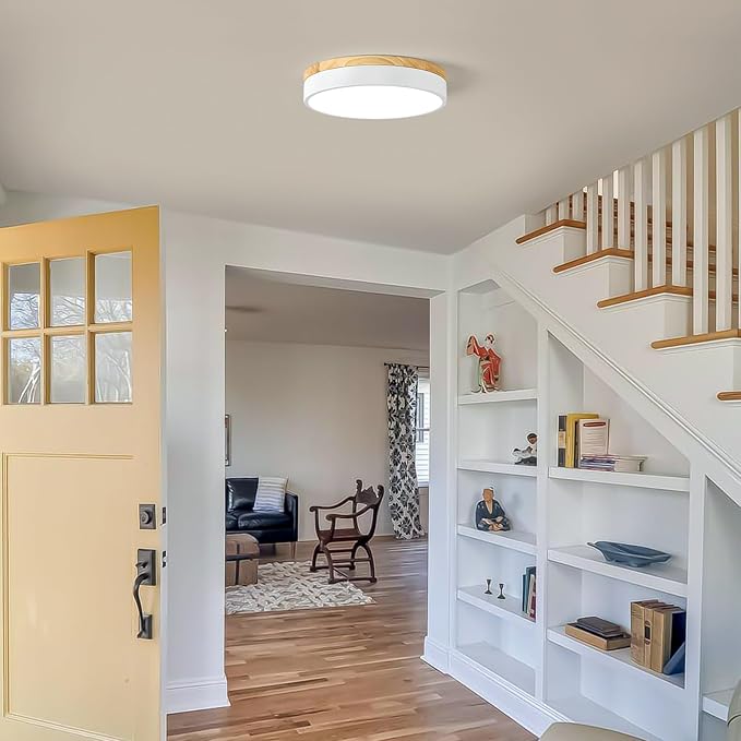 Dimmable Wood LED Ceiling Light Fixture, 5CCT 2700K-6000K Modern White Flush Mount Ceiling Lighting, Minimalist Round Ceiling Lamp for Bedroom, Kitchen, Laundry Room, Hallway, 11.81in