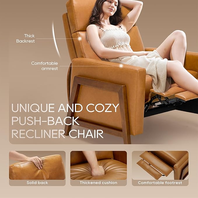 COLAMY Push Back Recliner Chair, Upholstered Leather Recliner with Footrest 118-150 Degree Adjustable, Comfy Modern Wingback Recliner for Living Room, Bedroom,Small Spaces,Camel