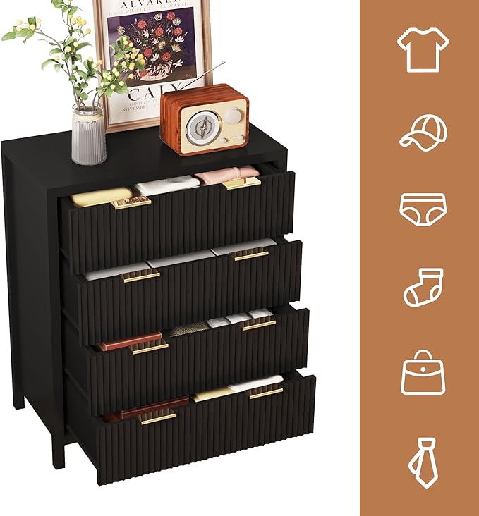 Fluted 4 Drawer Tall Dresser for Bedroom, Mid Century Modern Nightstand with Drawers, Tall Bedside Table for Closet Cloth, Living Room End Table with Storage for Dorm -Black