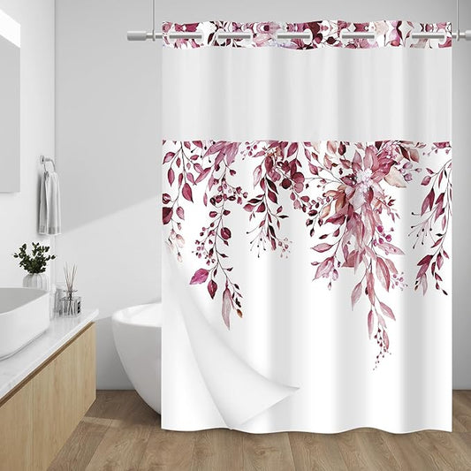 No Hook Shower Curtain with Snap in Liner - Eucalyptus Shower Curtain - Washable Waterproof Inner Liner, Plants Burgundy Leaves Modern Shower Curtains - Machine Washable, 71 x 74