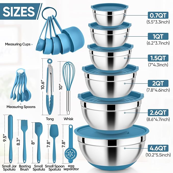 E-far 25PCS Mixing Bowls with Lid Set, Stainless Steel Nesting Prep Bowls with Grater Attachments Non-Slip Bottoms for Cooking, Baking, Serving, Food Storage, 4.6/2.6/2/1.5/1/0.7QT - Blue