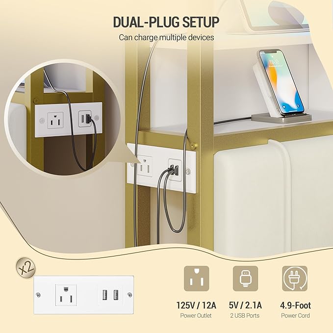Headboard with 3-Tier Storage Shelves, Velvet Upholstered Head Board with 2 Outlets, USB Ports & LED Light, Soft Backrest for Full Size Bed, White and Gold BH13803A