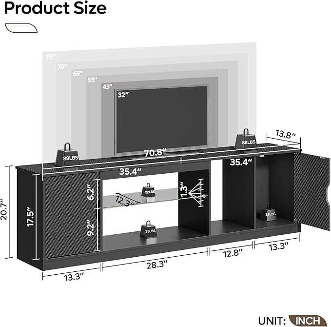 Bestier LED TV Stand for 65/75/80 inch TV, Gaming Entertainment Center with Adjustable Glass Shelf & Storage Cabinet for PS5 Xbox, Modern TV Console Table for Living Room Bedroom, Black Carbon Fiber