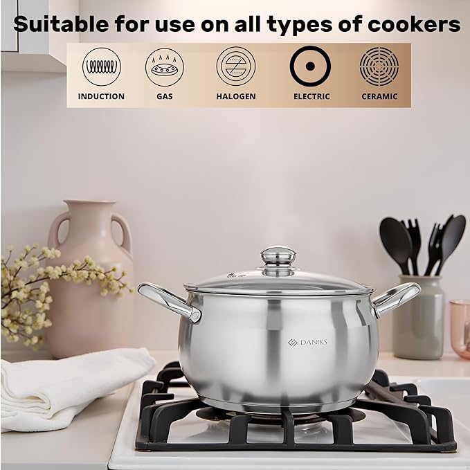 Daniks Classic Stainless Steel Stock Pot with Glass Lid – Induction 6 Quart, Dishwasher Safe, Measuring Scale, For Soup, Pasta, Stew, Silver