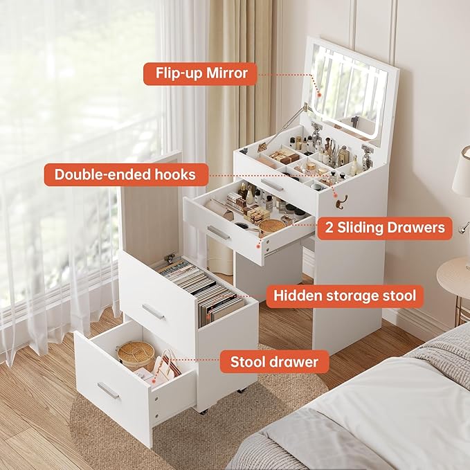 Compact Vanity with 3 Drawers, 3 in 1 Vanity Desk, Makeup Desk with Flip-up 3 Colors Lighting Mirror and Cushioned Stool, Small Vanities Nightstand Perfect for Bedroom, White