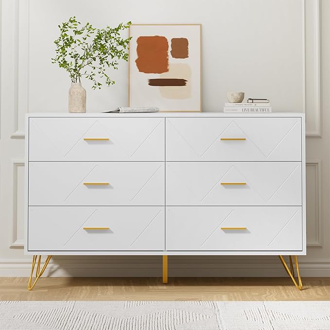 White Dresser for Bedroom, 6 Drawer Dresser with Golden Handles, Wood Modern Double Chest for Hallway, Entryway