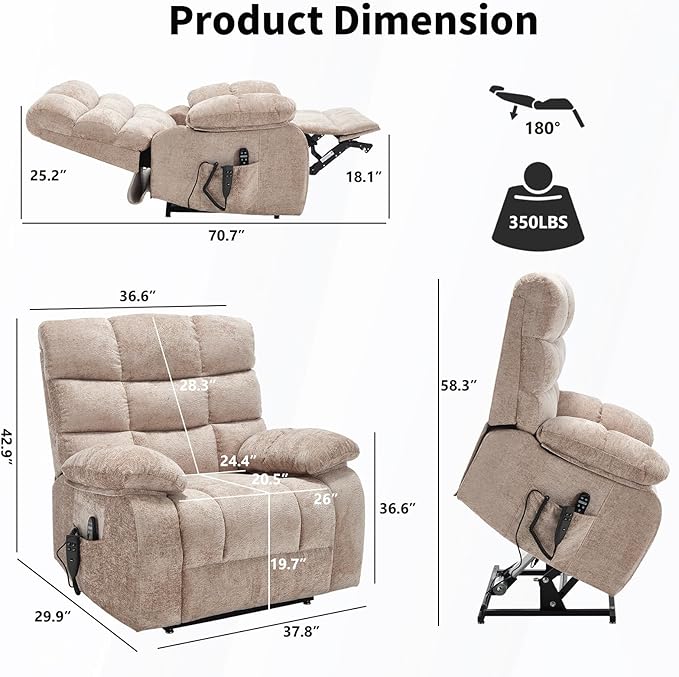 Lay Flat Recliner with Vibration Massage and Lumbar Heating, 26'' Wide Recliner Chair with Infinite Position and 2 Remote Controls, Soft Chenille Lift Recliner for Living Room, Khaki