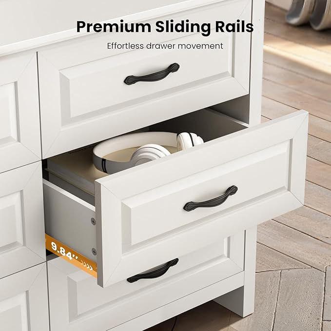 Amada Farmhouse 6 Drawer Dresser for Bedroom, 47.2 Inch Wide Wood Dresser with Natural Texture, Large Drawers, Rustic Farmhouse Chest of Drawers for Bedroom, Living Room, Hallway, White