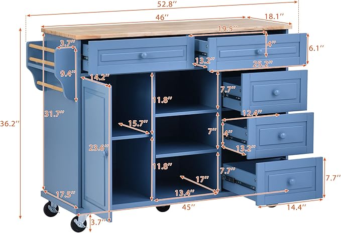 Rolling Kitchen Cart with Rubber Wood Desktop Mobile Kitchen Island with Storage and 5 Drawers for Dining Room Kitchens Living Room 52.8" L*18.1" W*36.2" H Blue