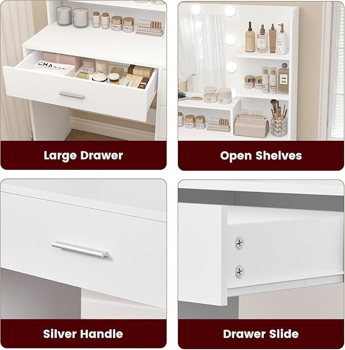 Vanity Desk with Mirror and Lights, 37-Inch Wide Makeup Vanity with Upholstered Vanity Stool, 5 Drawers Makeup Table with Lighted Mirror, 3 Lighting Modes Brightness Adjustable for Bedroom, White