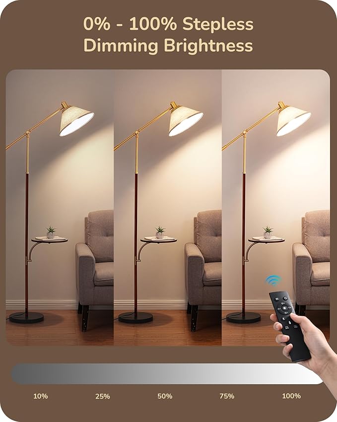 EDISHINE 68" Arc Floor Lamp with Table, Vintage Standing Lamp for Living Room with Tray, Tall Reading Lamp, Beige Shade, Adjustable Arm, Remote Dimmable Bulb Included, for Bedroom Office, Wood Grain